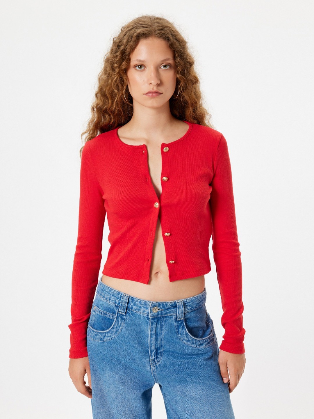 

Koton Women Solid Round Neck Cotton Crop Top, Red
