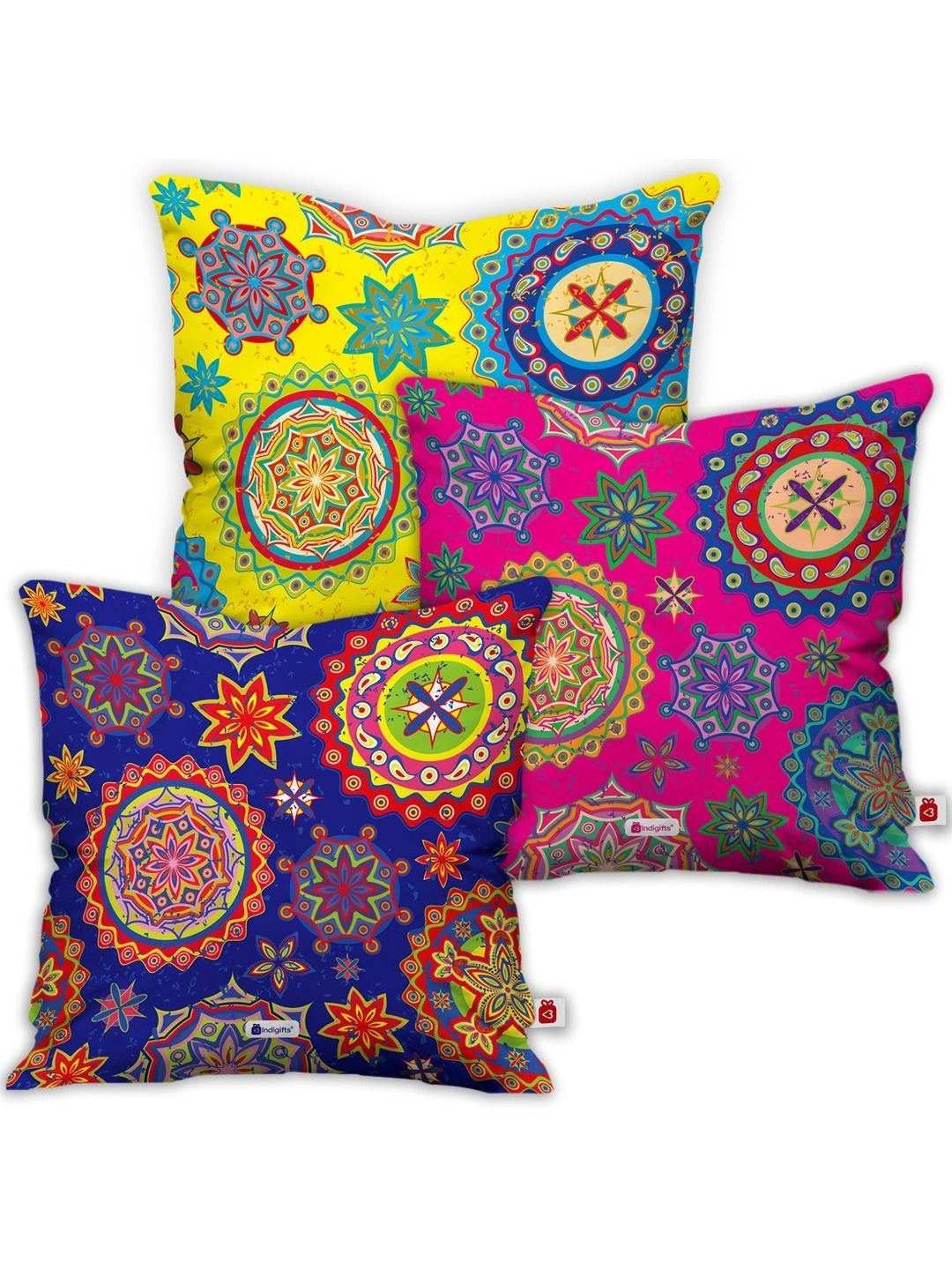 

Indigifts Yellow & Blue 3 Pieces Floral Printed Satin Square Cushion Cover