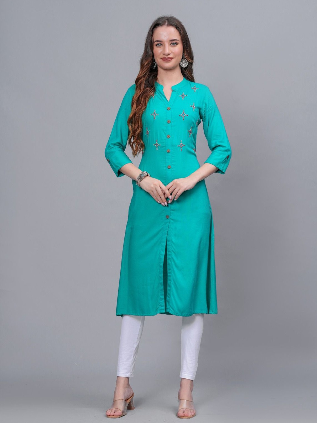 

MAUKA Embroidered A-Line Kurta, Turquoise blue