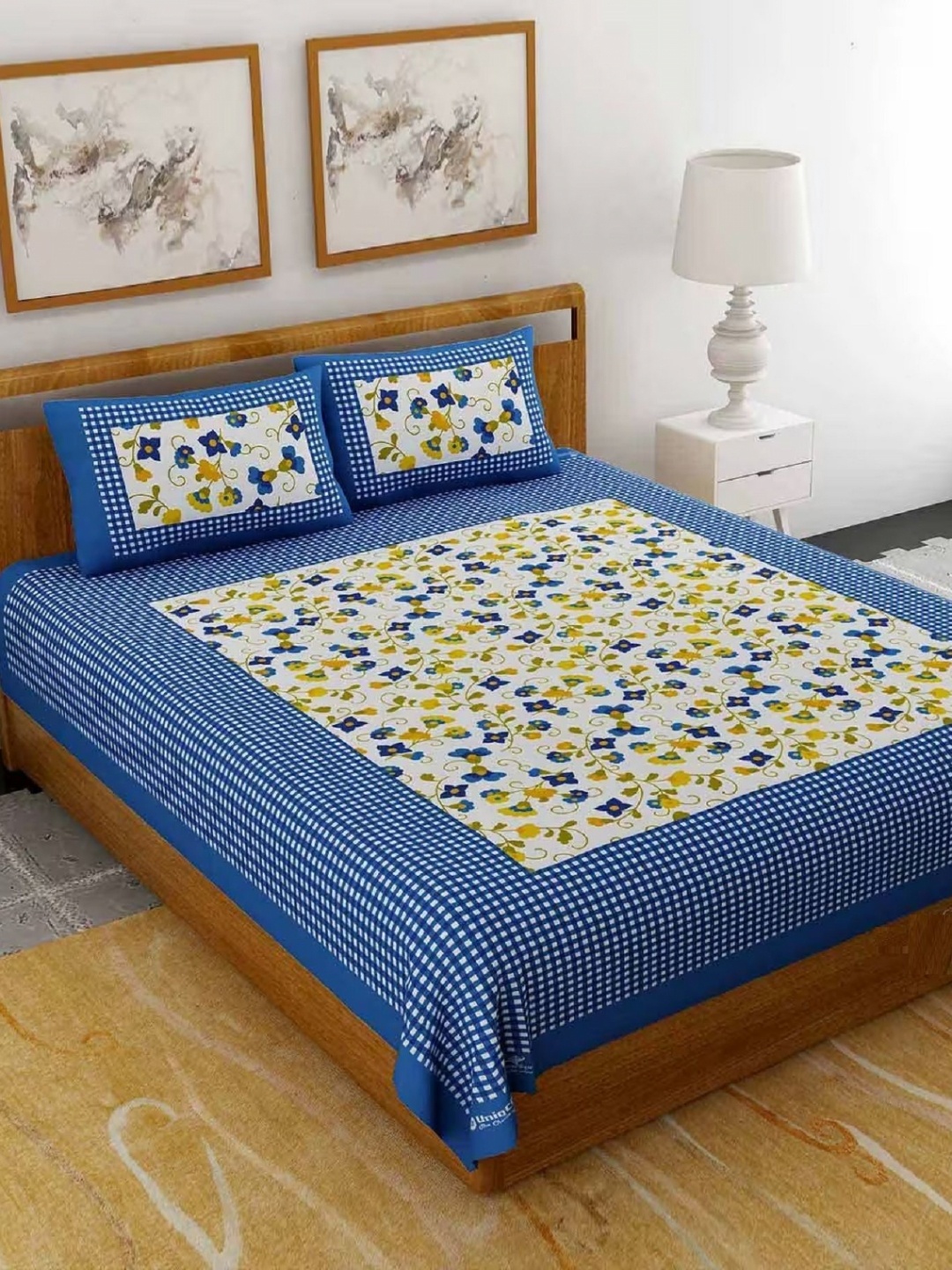 

AYAT COLLECTION Blue Floral Printed 144 TC Cotton Queen Bedsheet with 2 Pillow Covers