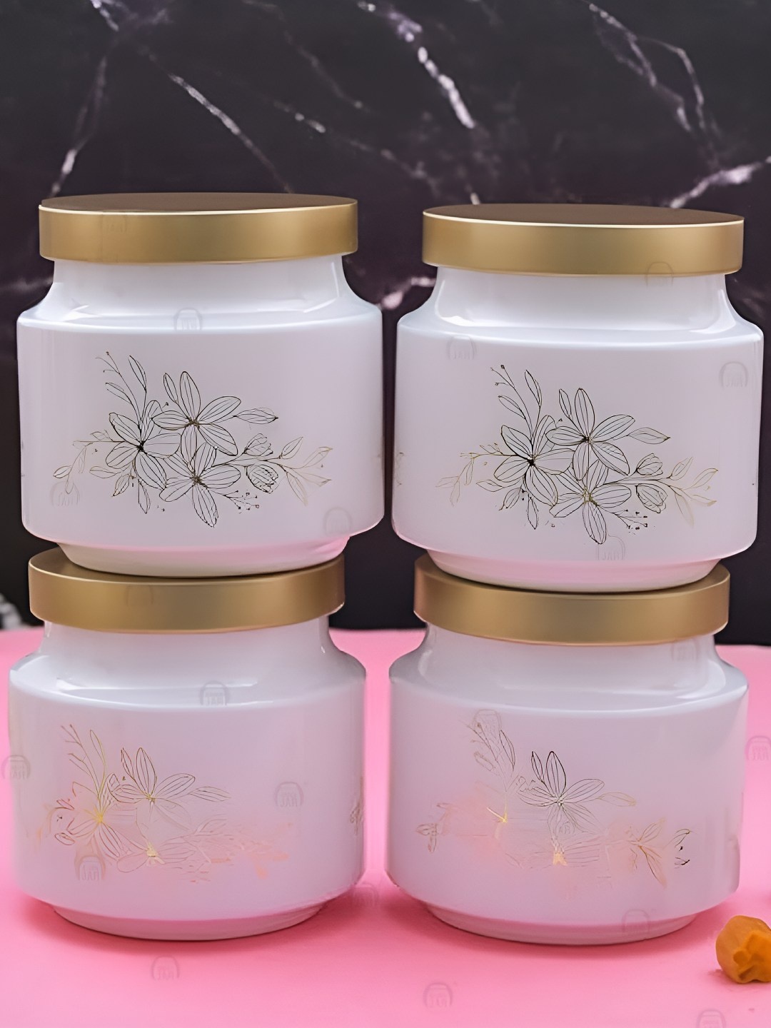 

tyche enterprises White & Gold Toned 4 Pieces Glass Dishwasher Safe Container 600ml
