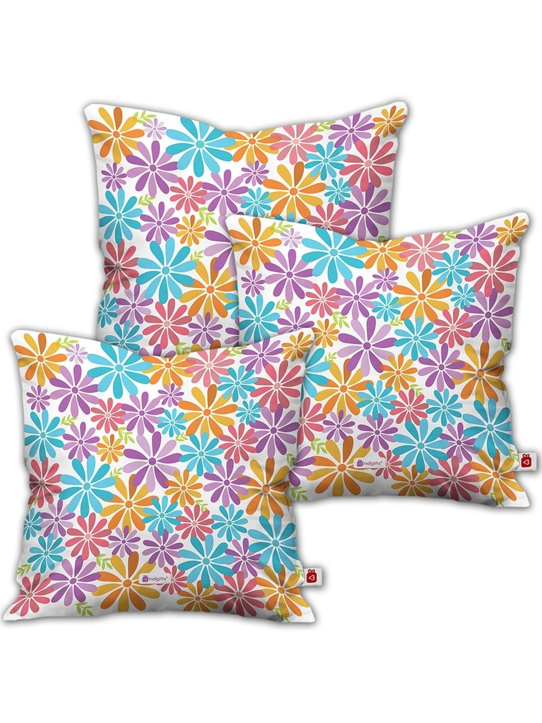 

Indigifts White & Pink 3 Pieces Floral Printed Satin Square Cushion Covers