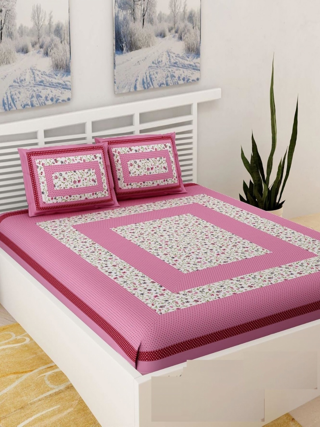 

AYAT COLLECTION Pink Floral Printed 144 TC Cotton Queen Bedsheet with 2 Pillow Covers