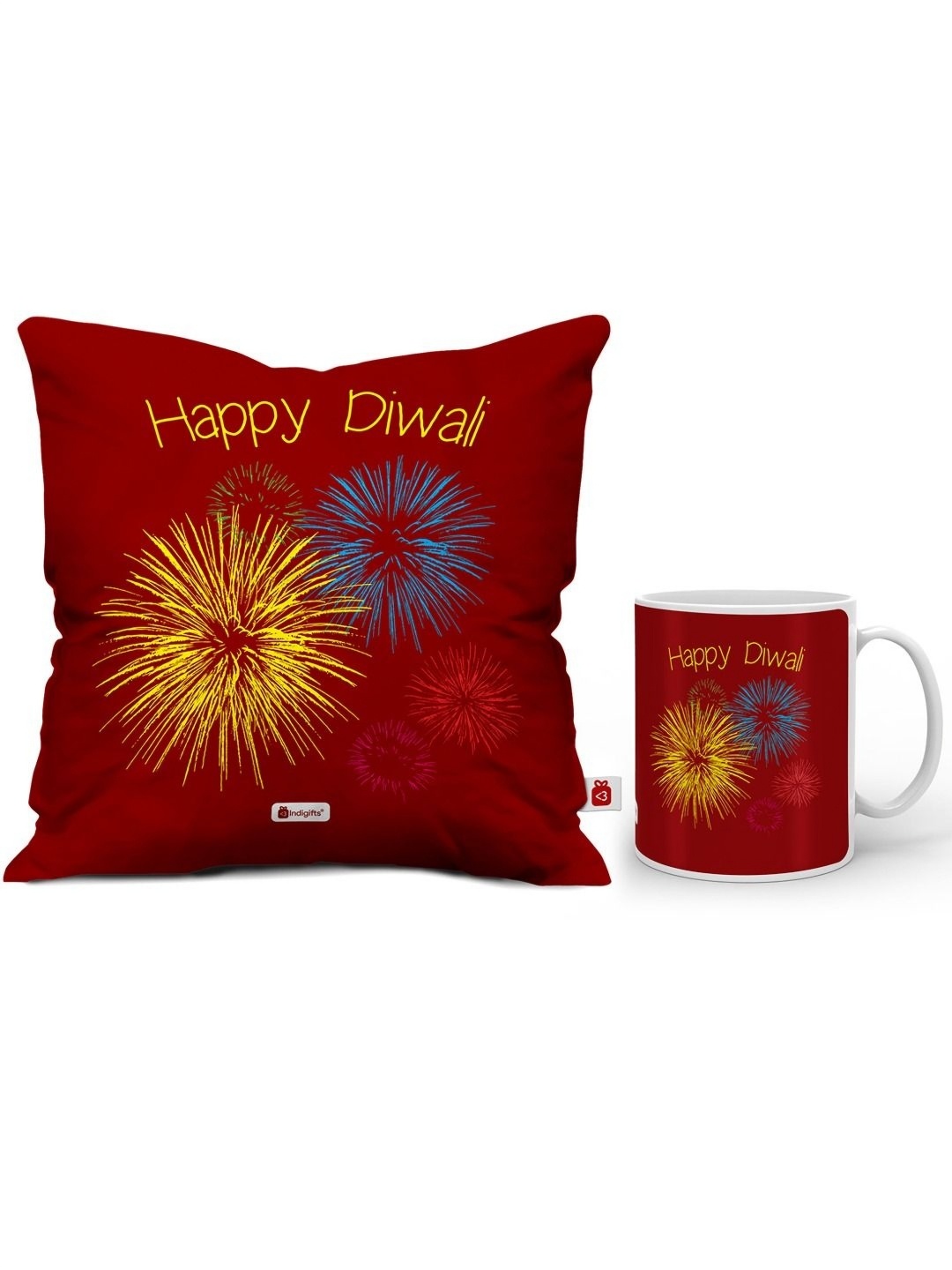 

Indigifts Red & Yellow Printed Satin Square Cushion Cover With Mug 325ml