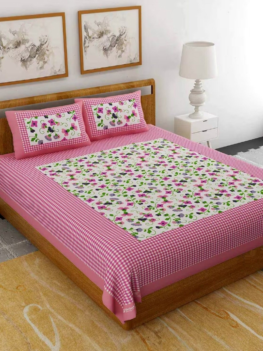 

AYAT COLLECTION Pink & White Floral 144 TC Cotton Queen Bedsheet With 2 Pillow Covers
