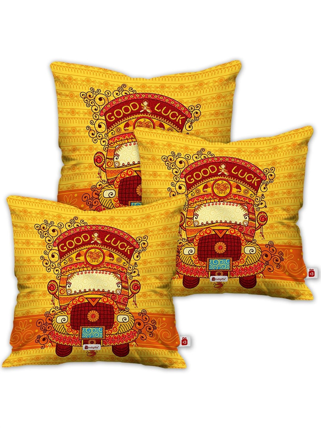

Indigifts Yellow & Red 3 Pieces Ethnic Motifs Printed Square Cushion Covers