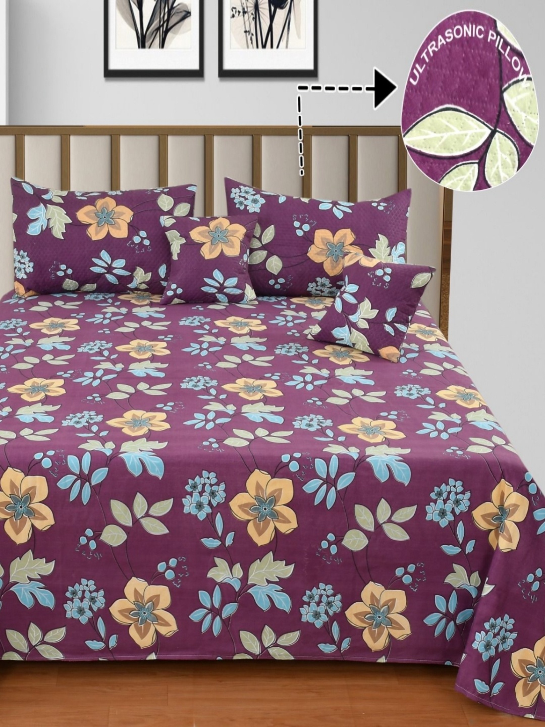 

NCS Purple & Orange Floral Printed Cotton 300 TC Queen Bedsheet With 2 Pillow Covers