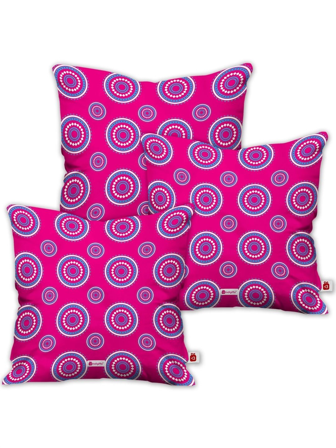 

Indigifts Pink & Blue 3 Pieces Geometric Printed Satin Square Cushion Covers