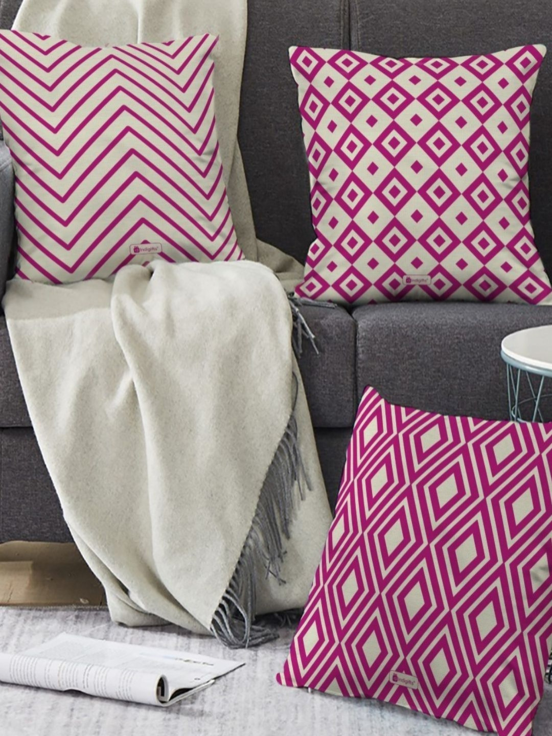 

Indigifts Pink & Beige 3 Pieces Geometric Printed Square Shaped Cushions Covers