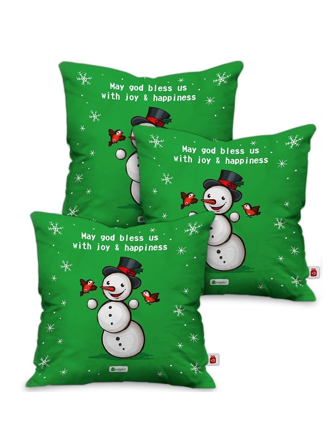 

Indigifts Green & White Christmas Snowman Printed Satin Square Cushion Covers