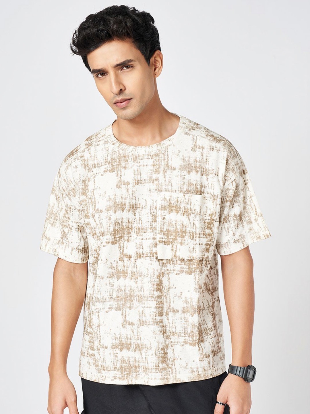 

Street 808 by Pantaloons Men Abstract Printed Round Neck Cotton Oversized T-shirt, Brown
