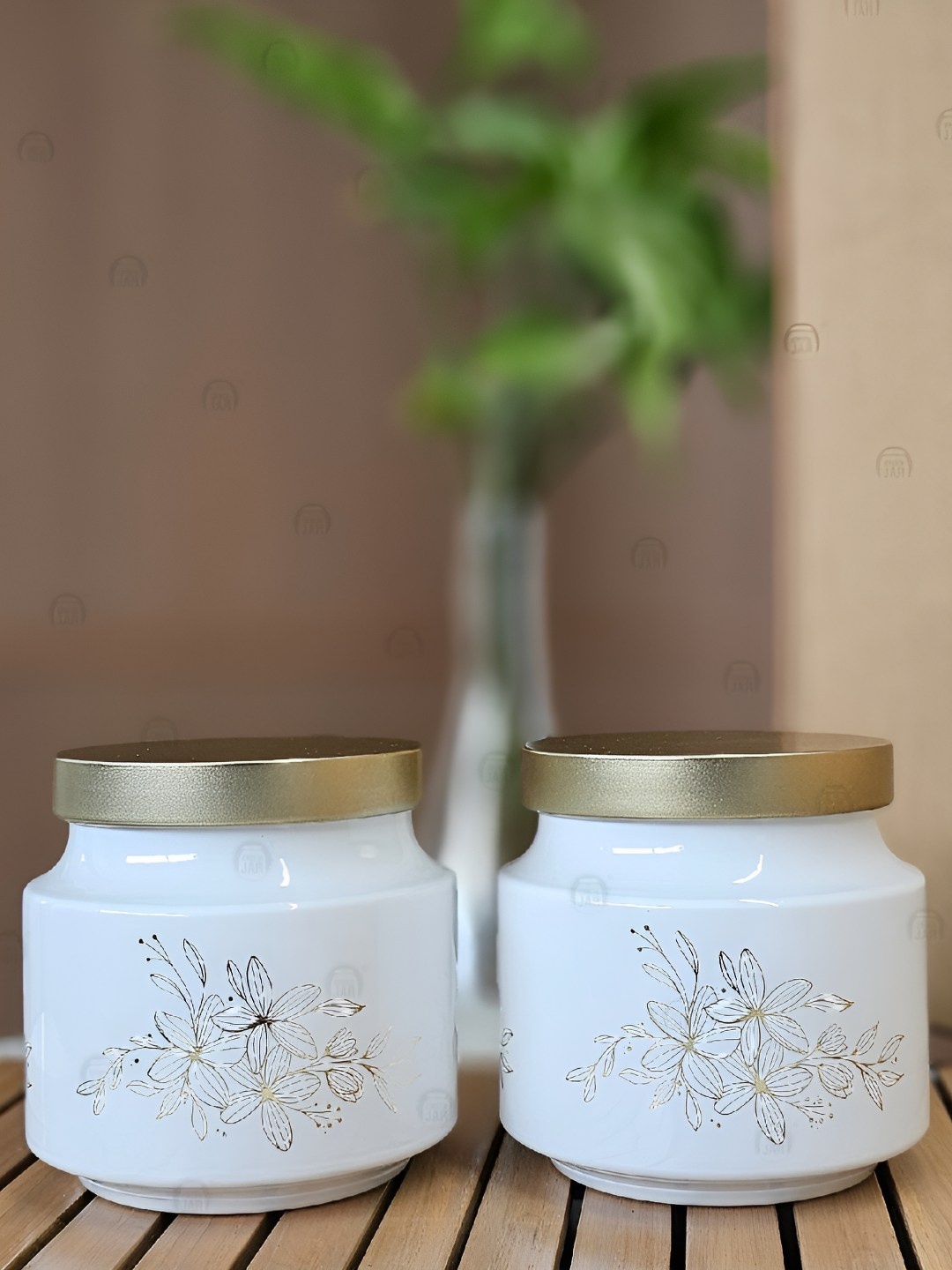 

CROCO JAR White & Gold Toned 2 Pieces Printed Glass Dishwasher Safe Container 600ml