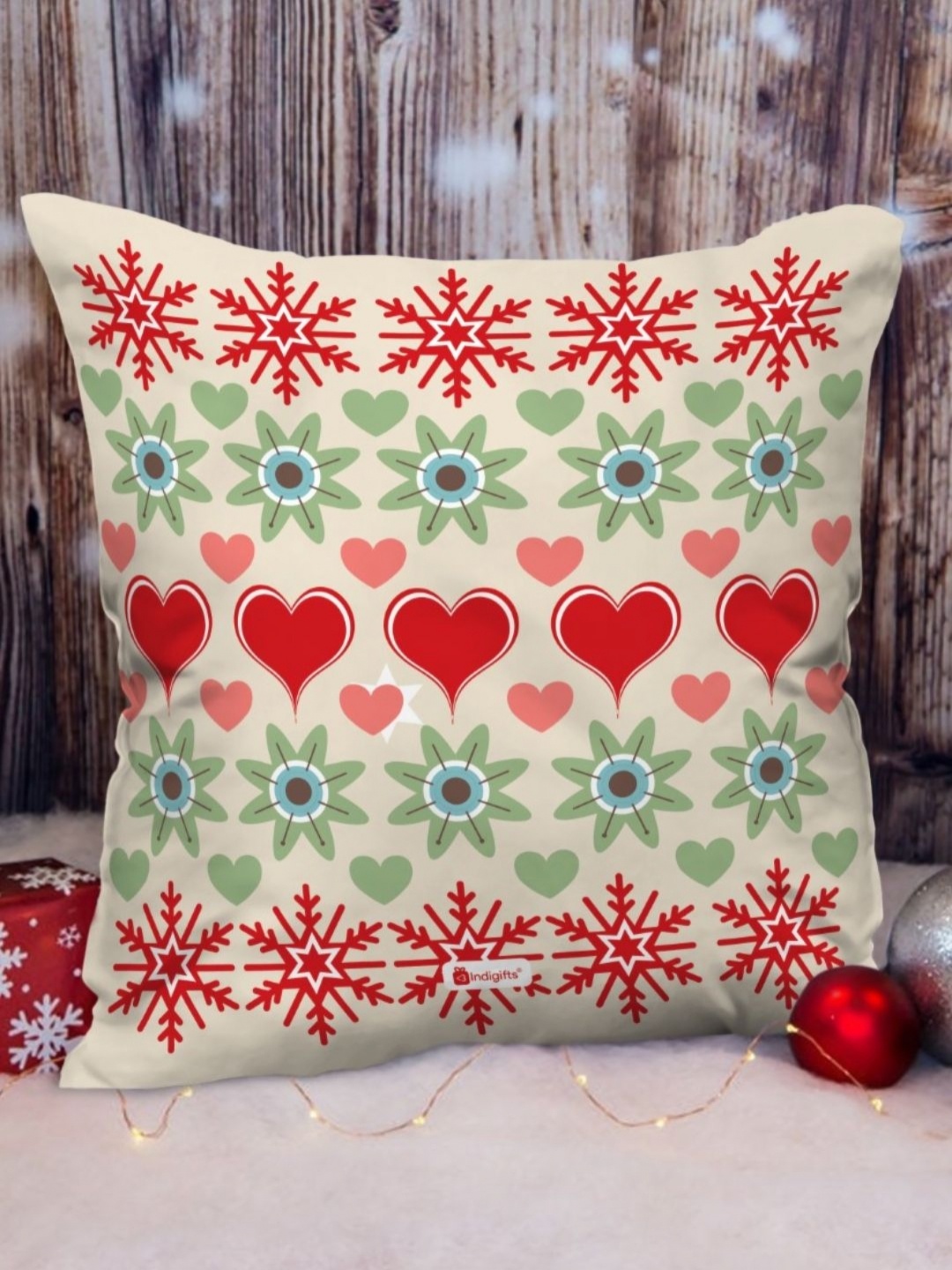 

Indigifts White & Red Nordic Printed Satin Square Cushion Cover