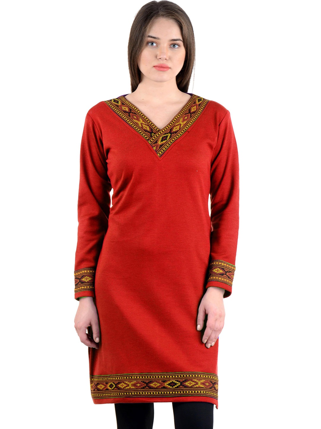 

KALINI Women V-Neck Woolen Straight Kurti, Red