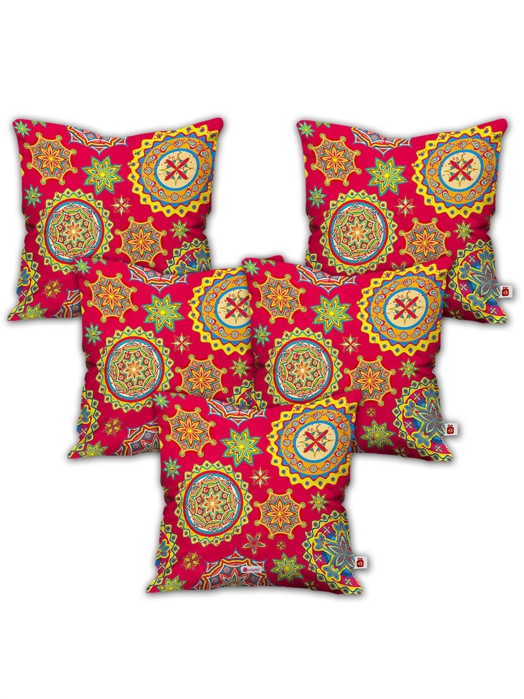 

Indigifts Maroon & Yellow 5 Pieces Ethnic Motifs Printed Satin Square Cushion Covers