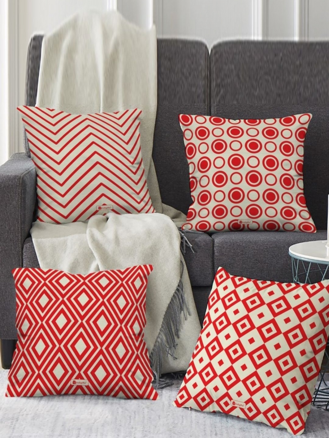 

Indigifts Red & Cream Colored 4 Pieces Geometric Printed Satin Square Cushion Covers