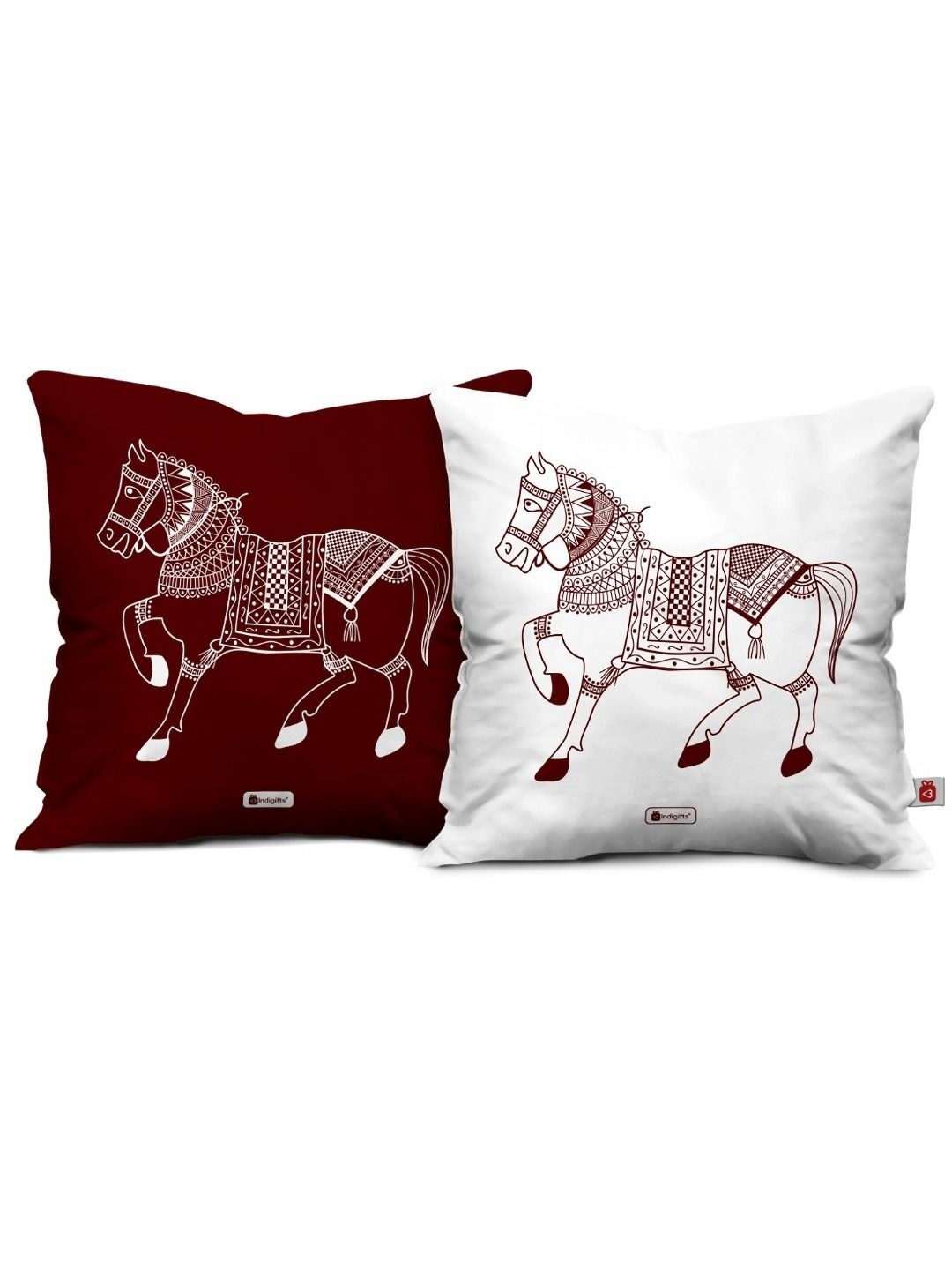 

Indigifts White & Maroon 2 Pieces Horses Ethnic Motifs Printed Square Cushion Covers