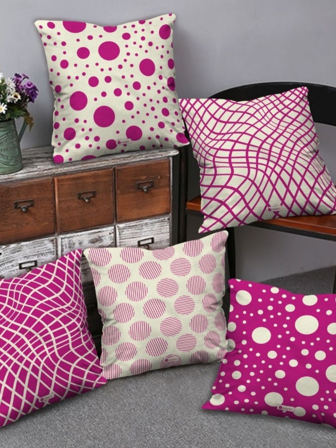 

Indigifts Pink & Cream Colored 5 Pieces Abstract Printed Satin Square Cushion Covers