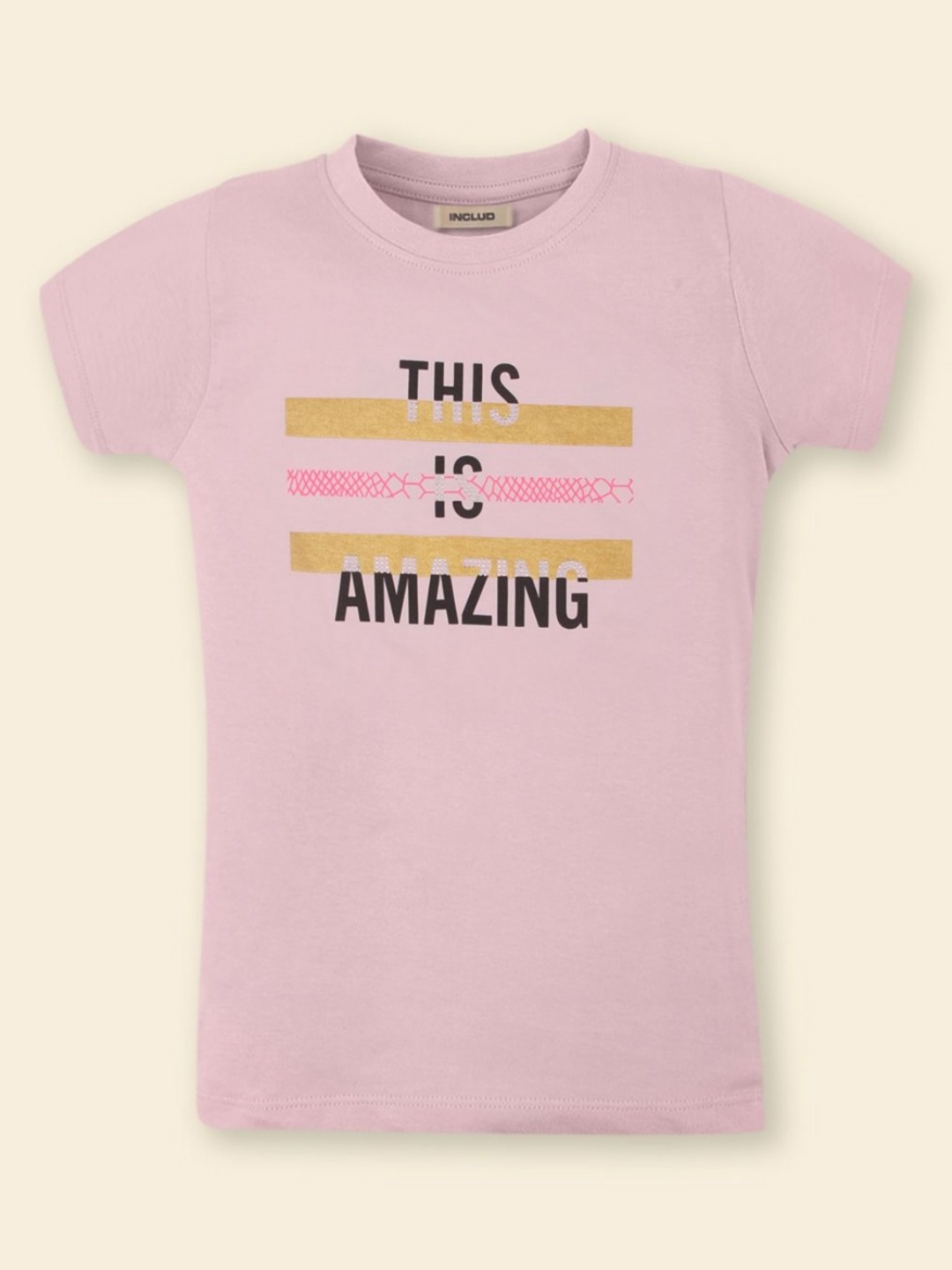

INCLUD Girls Typography Printed Round Neck Cotton T-shirt, Pink