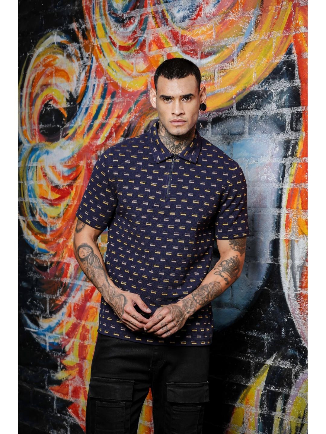 

TOMHIDDLE Men Conversational Printed Polo Collar Cotton T-shirt, Navy blue