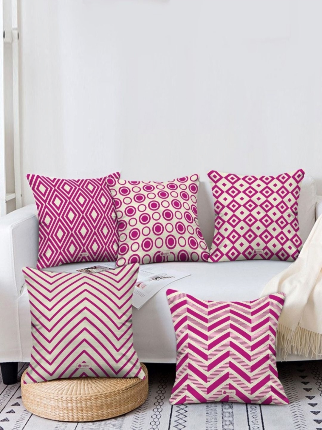 

Indigifts Pink & White 5 Pieces Geometric Printed Square Cushion Covers