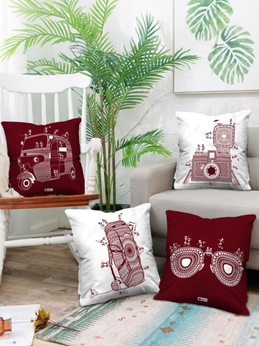 

Indigifts Maroon & White 4 Pieces Rucksack Printed Satin Square Cushion Covers