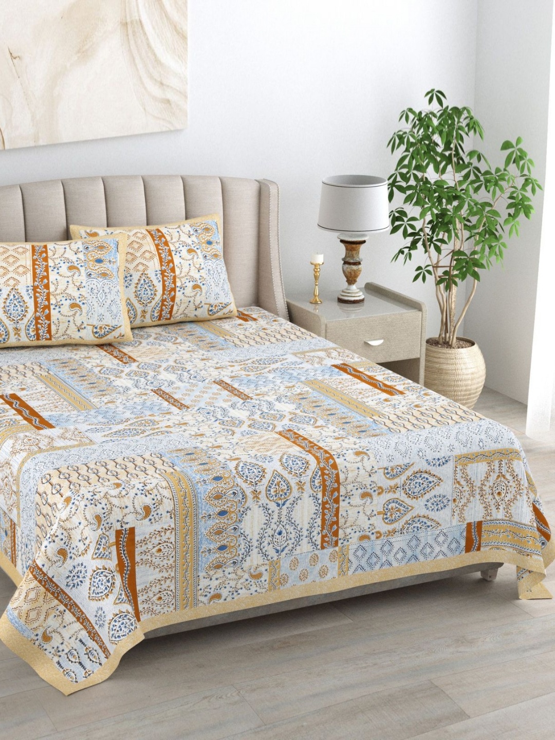 

Urban Jaipur kaya Yellow & Brown Ethnic 220TC Cotton King Bedsheet & 2 Pillow Covers