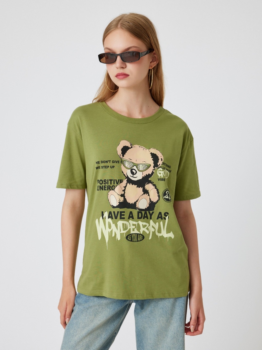 

Koton Women Graphic Printed Round Neck Cotton T-shirt, Green