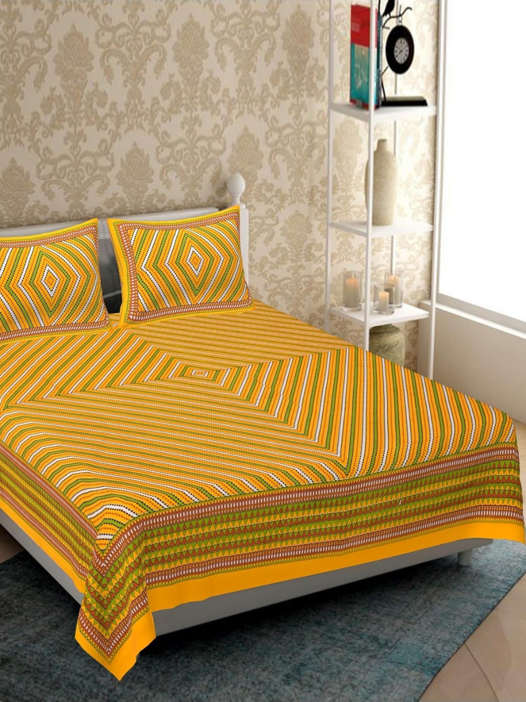 

AYAT COLLECTION Yellow Geometric Printed 144 TC Cotton Queen Bedsheet with 2 Pillow Covers