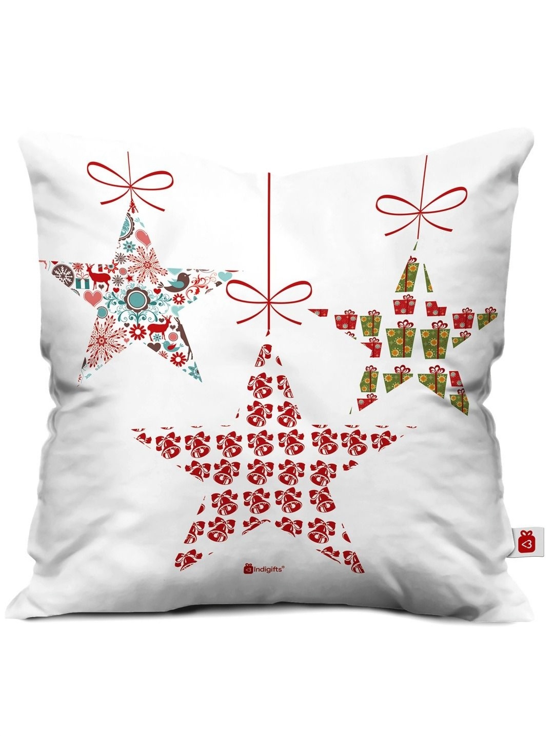 

Indigifts White & Red Stars Printed Satin Square Cushion Cover