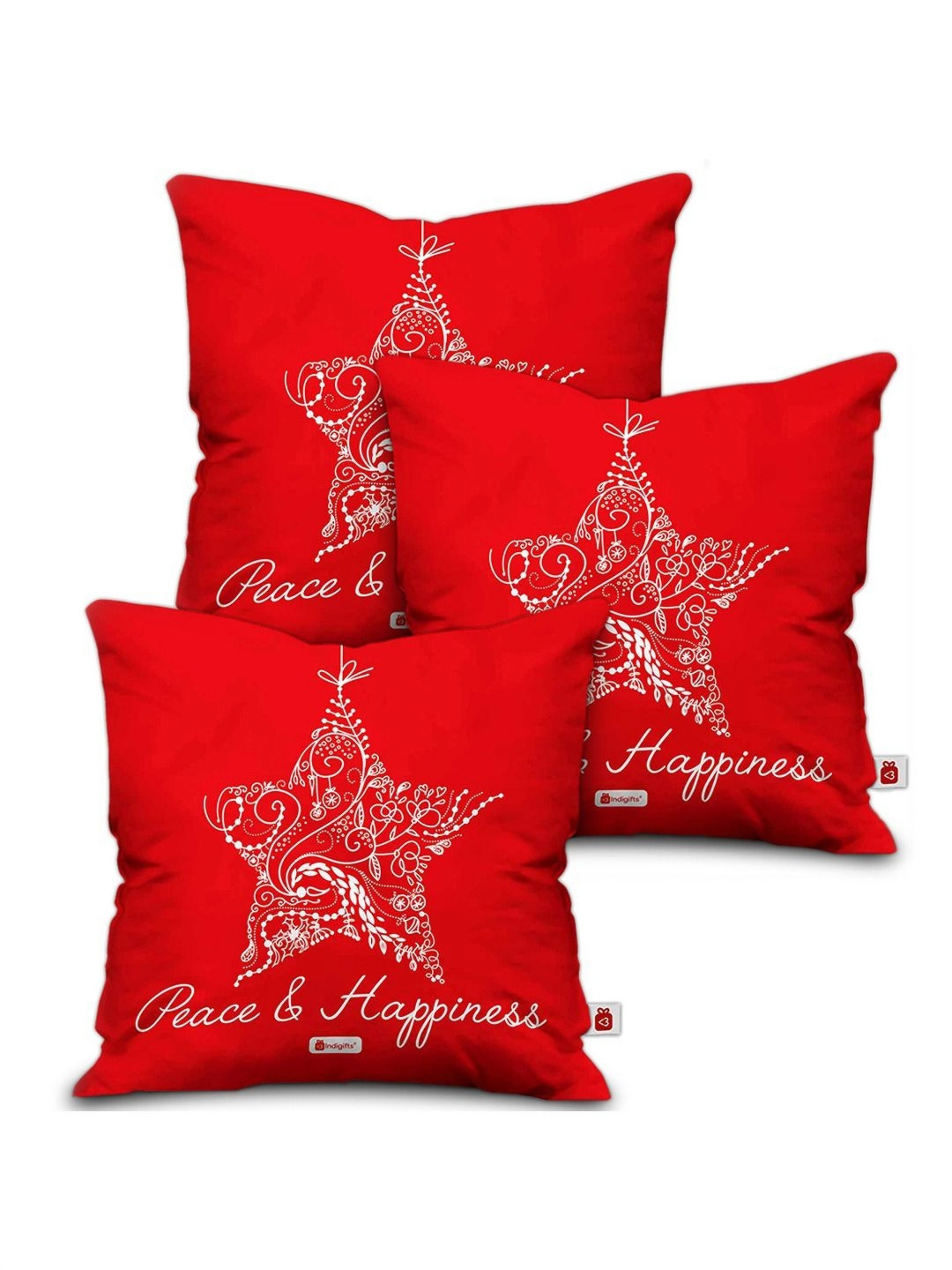 

Indigifts Red & White 3 Pieces Christmas Star Printed Satin Square Cushion Covers