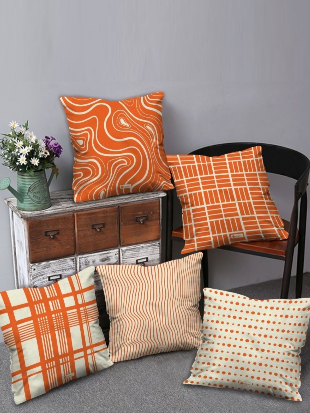 

Indigifts Orange Colored 5 Pieces Abstract Printed Square Shaped Cushion Covers