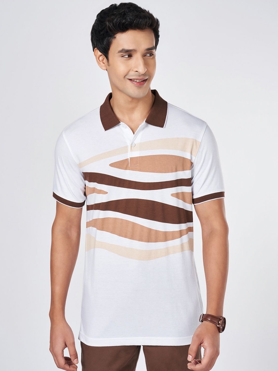 

BYFORD by Pantaloons Men Graphic Printed Polo Collar Cotton Slim Fit T-shirt, White
