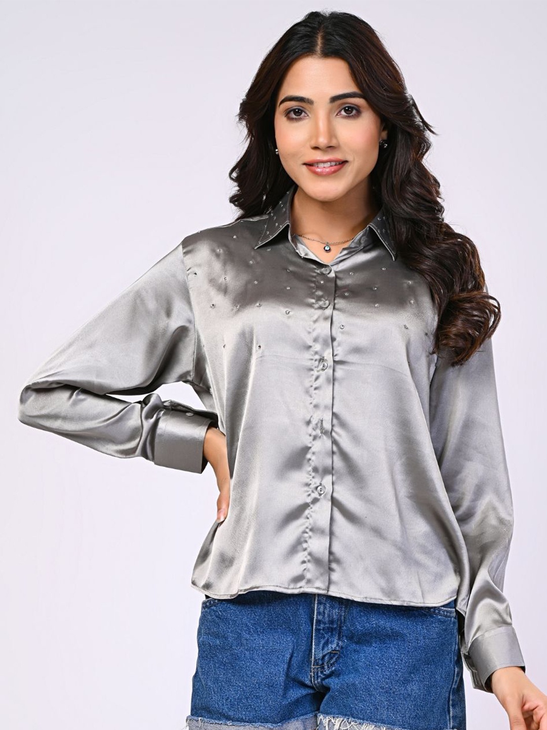 

SAADGEE Women Classic Spread Collar Solid Party Shirt, Silver