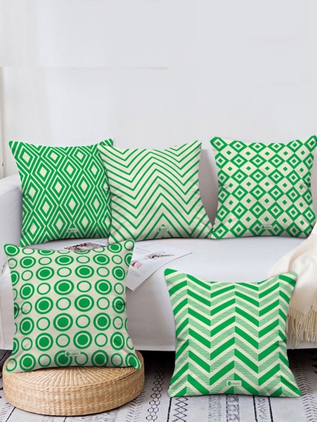 

Indigifts Green & White 5 Pieces Geometric Printed Satin Square Cushion Covers