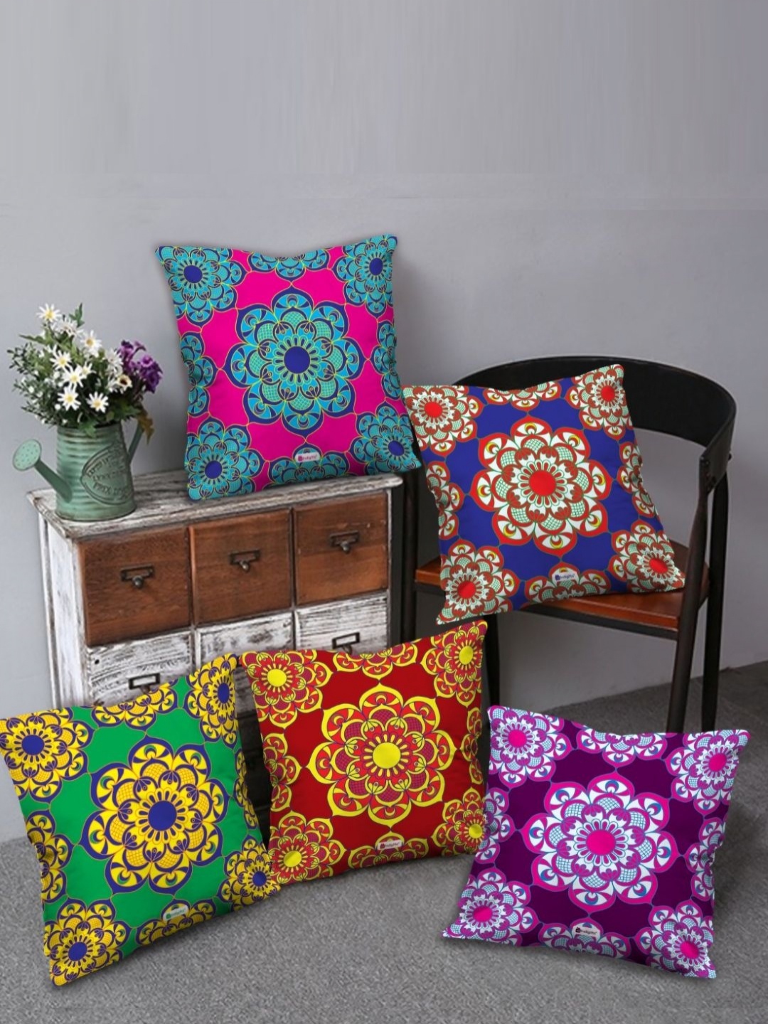

Indigifts Green & Yellow 5 Pieces Ethnic Motifs Printed Satin Square Cushion Covers