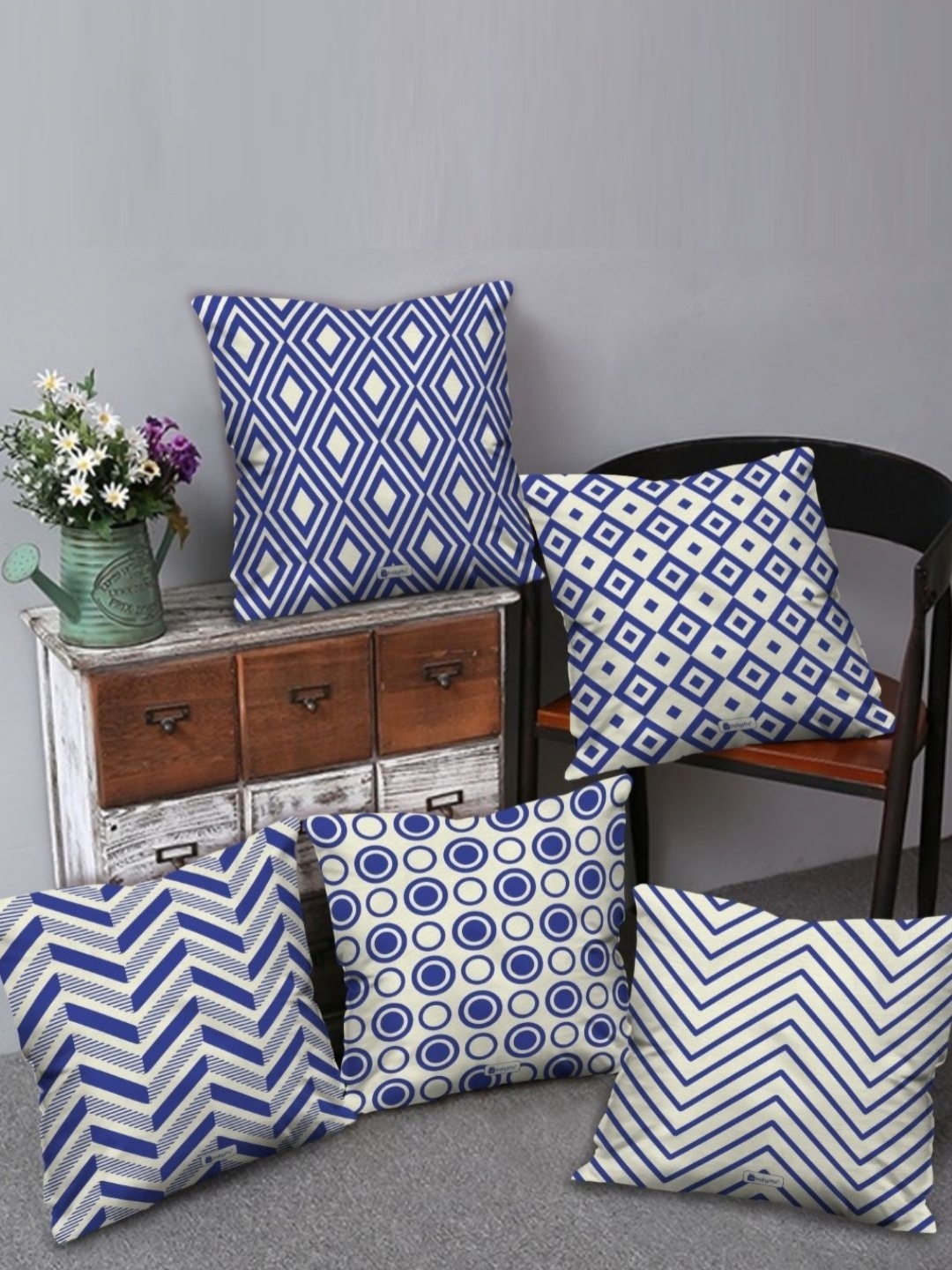 

Indigifts Blue & White 5 Pieces Abstract Printed Square Shaped Cushion Covers