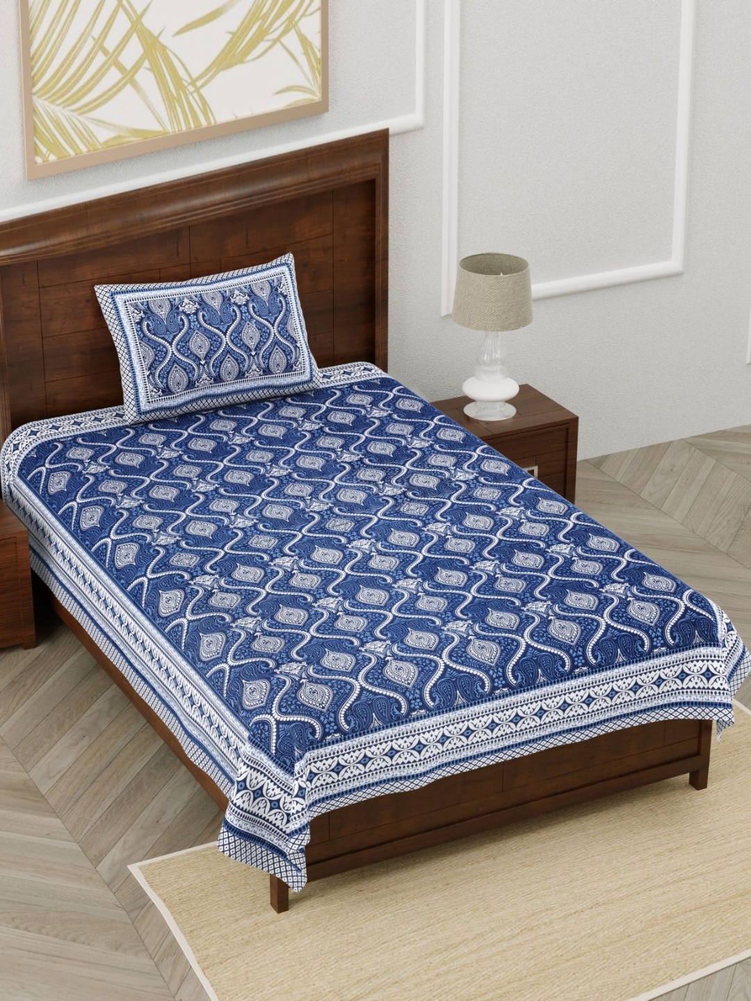 

Urban Jaipur Blue & White Ethnic 210 TC Cotton Single Bedsheet with 1 Pillow Cover