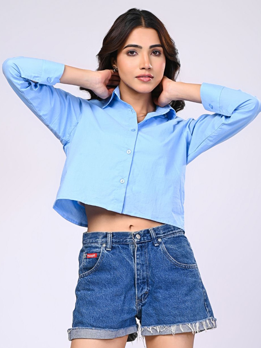 

SAADGEE Women Classic Spread Collar Solid Cotton Party Shirt, Blue