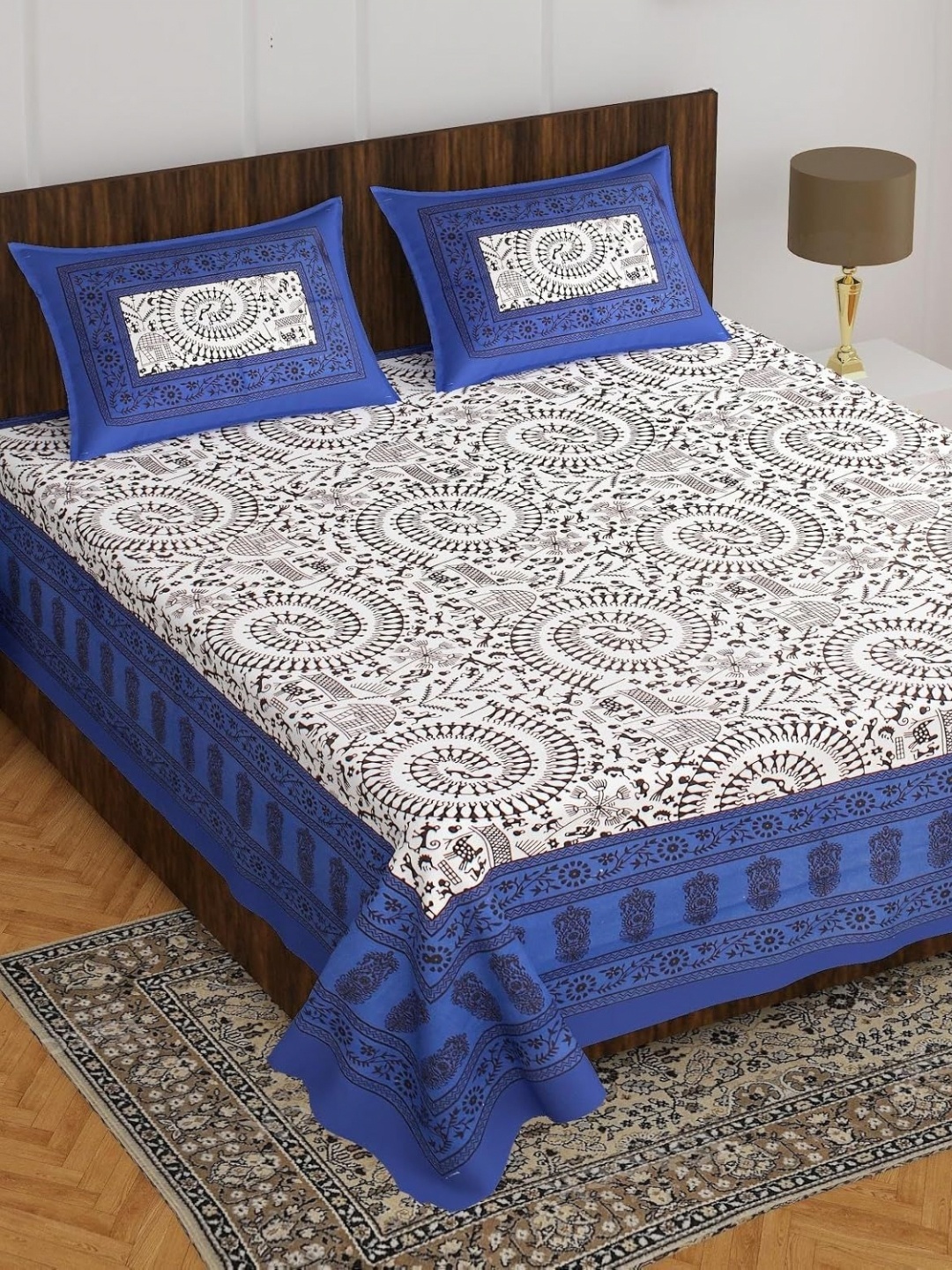 

AYAT COLLECTION Blue Ethnic Printed 144 TC Cotton Queen Bedsheet with 2 Pillow Covers