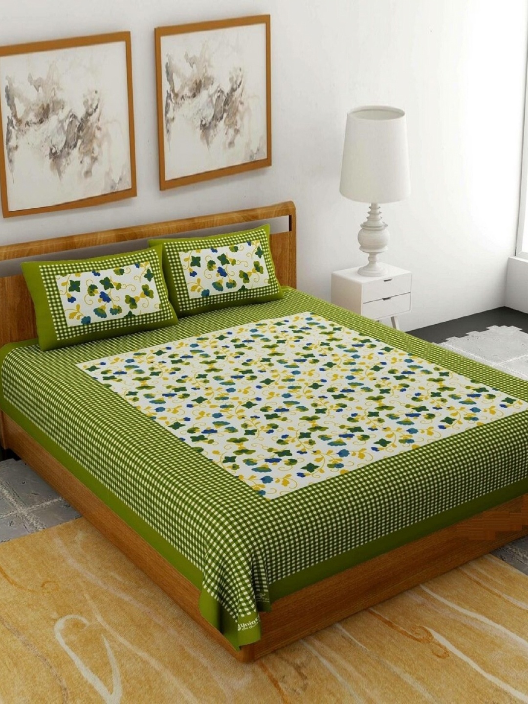 

AYAT COLLECTION Green Floral Printed 144 TC Cotton Queen Bedsheet With 2 Pillow Covers