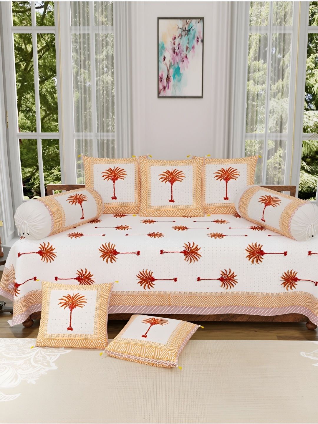 

The Craft Monk White & Yellow Floral Printed Pure Cotton Diwan Set
