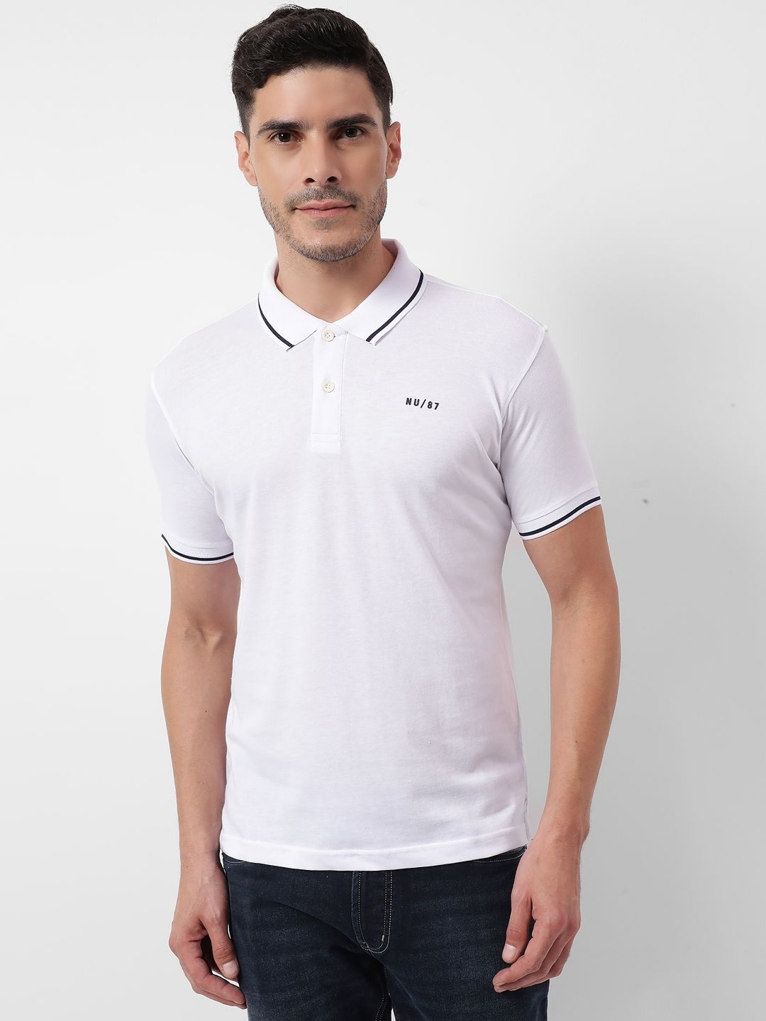 

Numero Uno Men Striped Polo Collar Cotton T-shirt, White