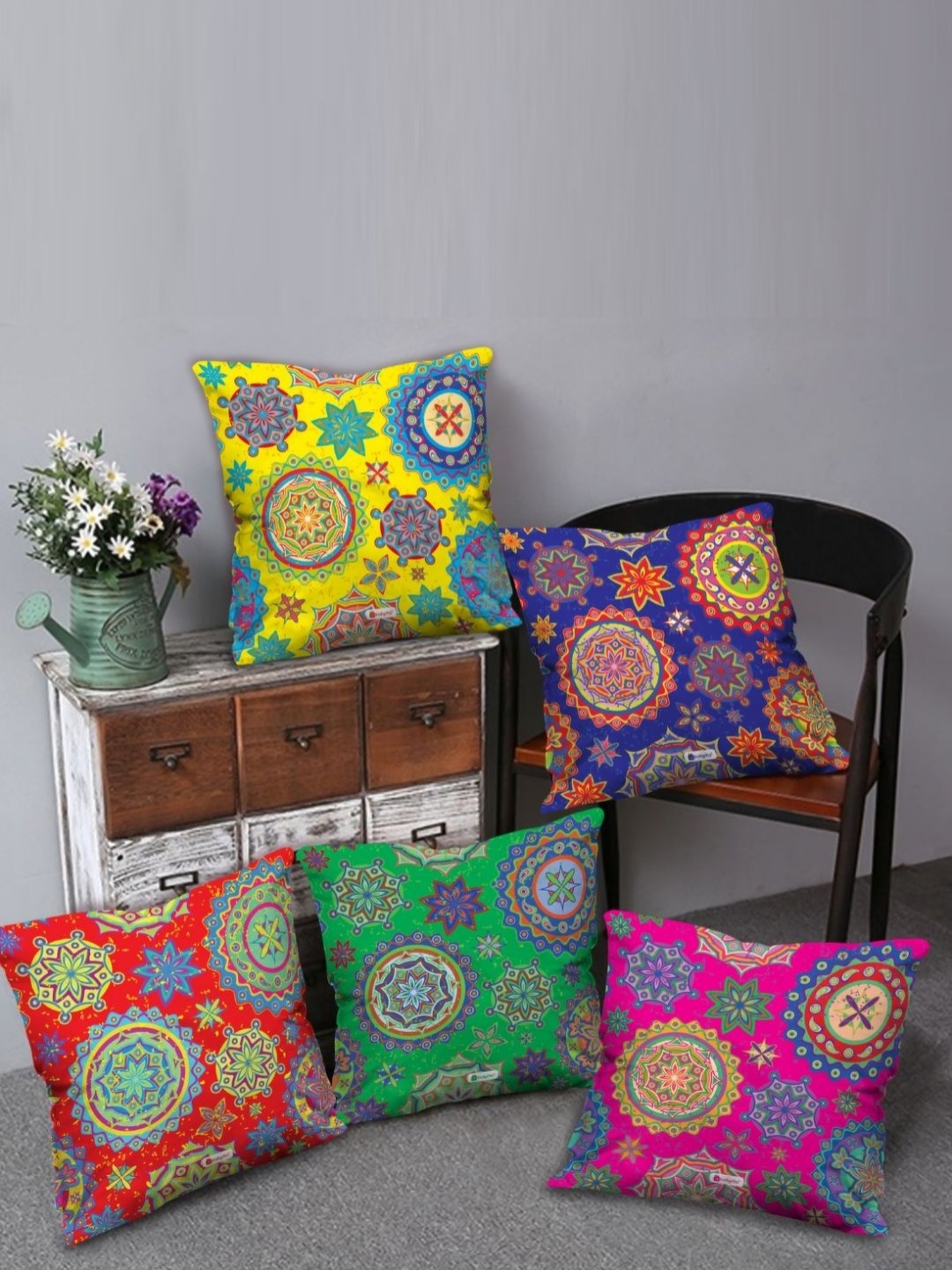 

Indigifts Yellow & Red 5 Pieces Ethnic Motifs Printed Square Cushion Covers