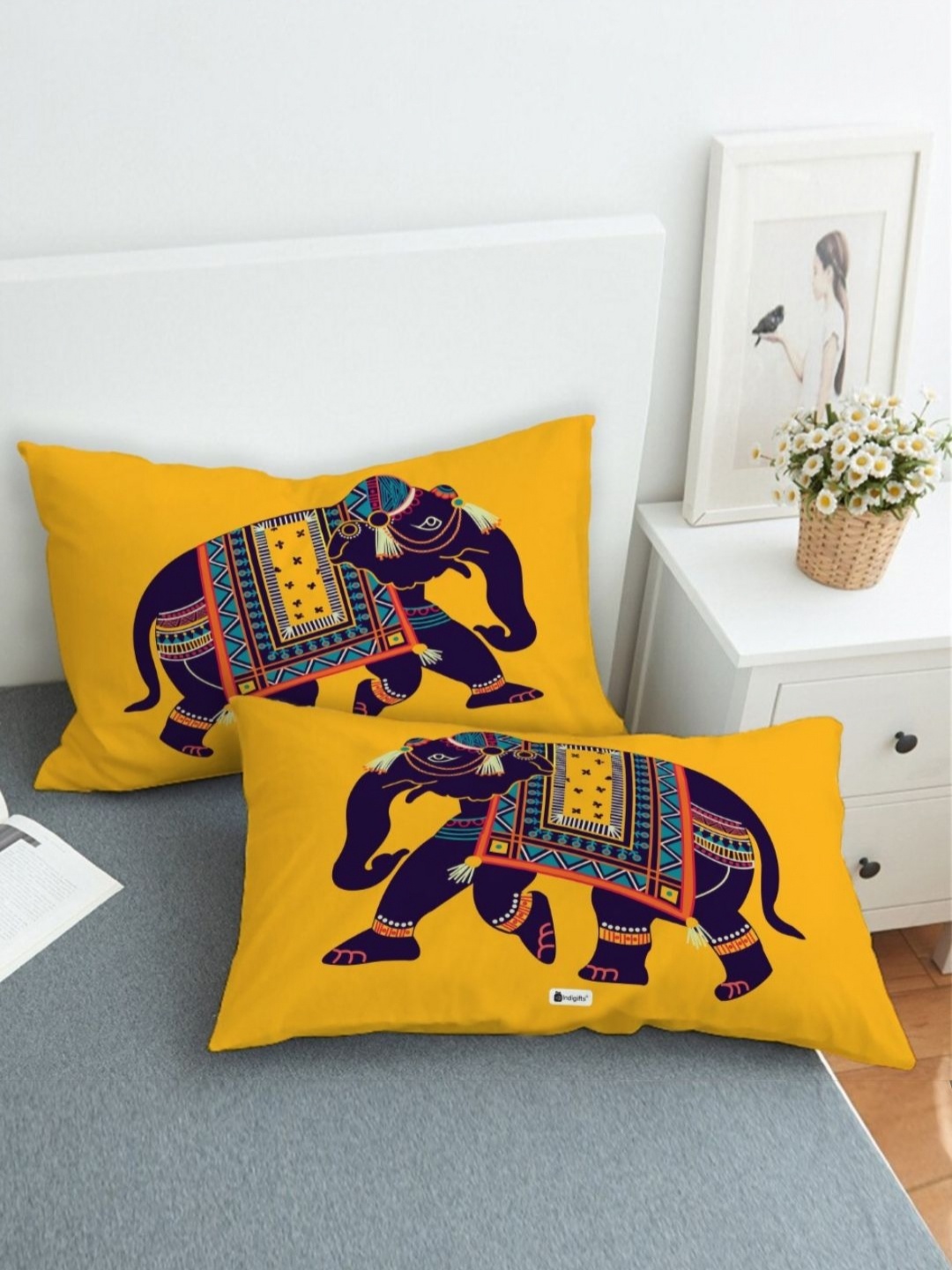 

Indigifts Yellow & Black 2 Pieces Elephant Motifs Printed Satin Rectangle Cushion Covers
