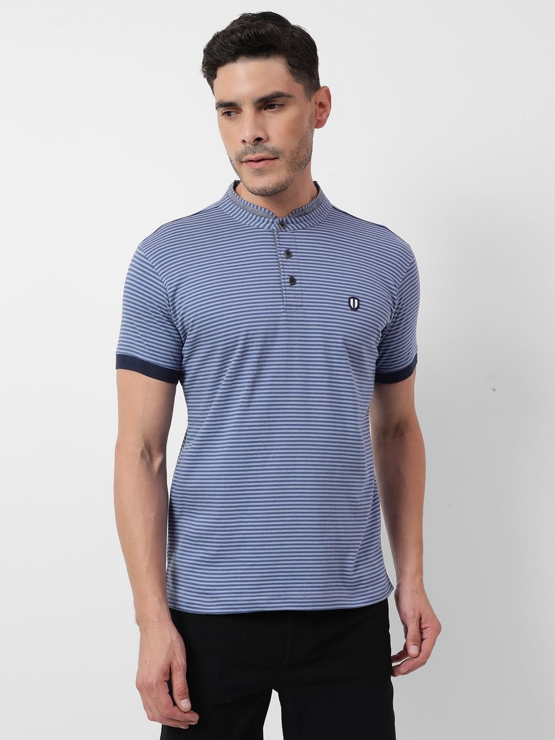 

Numero Uno Men Striped Mandarin Collar Cotton T-shirt, Blue