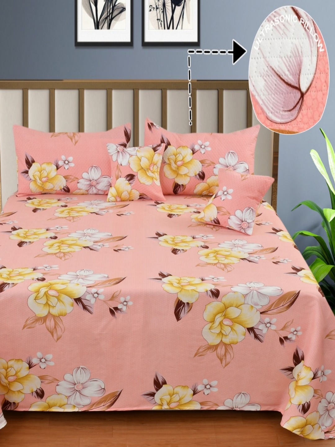 

NCS Pink & Yellow Floral Printed Cotton 300 TC Queen Bedsheet With 2 Pillow Covers