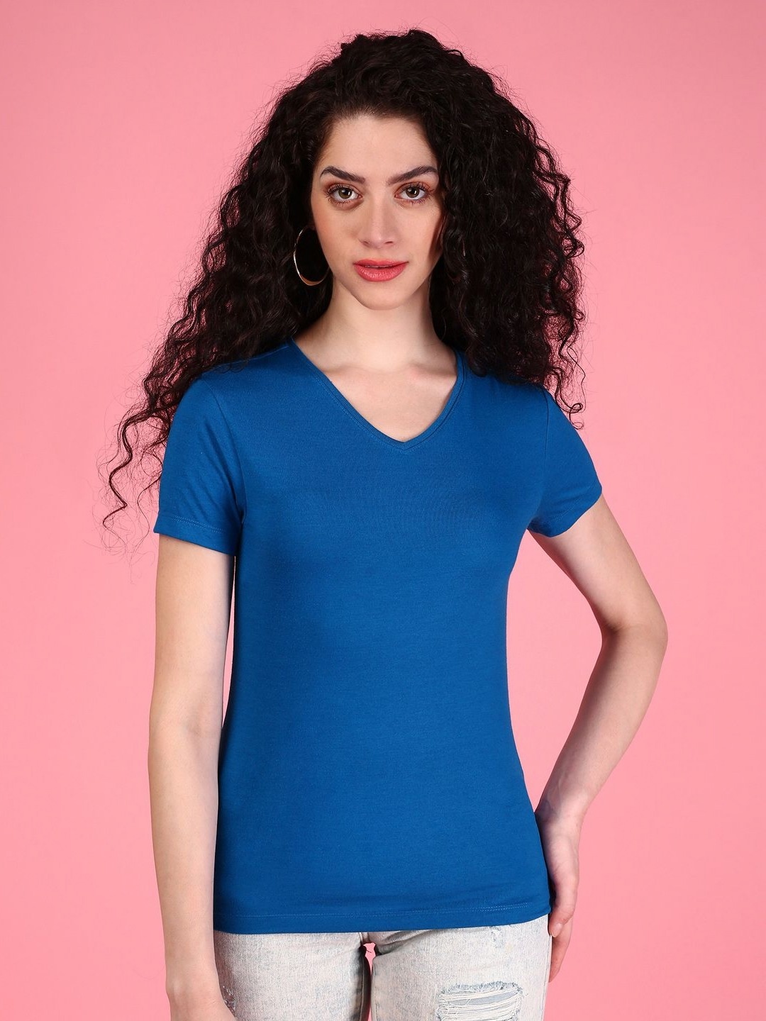 

DressBerry Women Solid V-Neck Slim Fit T-shirt, Blue