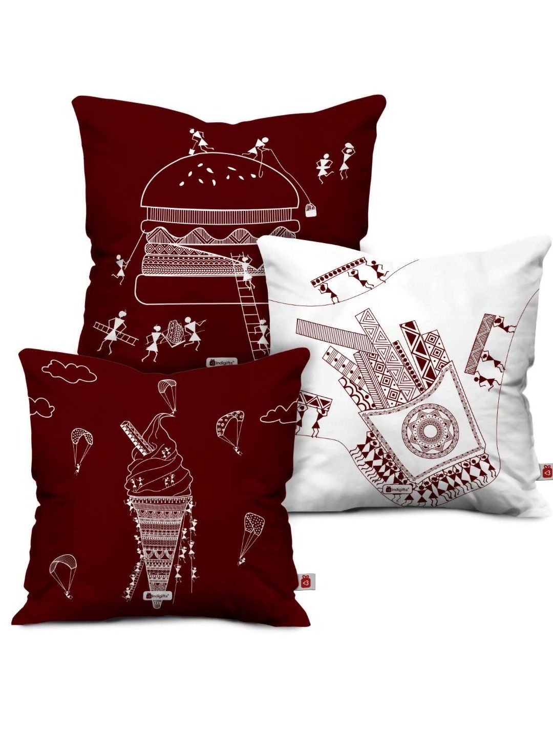 

Indigifts Maroon & White 3 Pieces Ethnic Motifs Printed Satin Square Cushion Covers