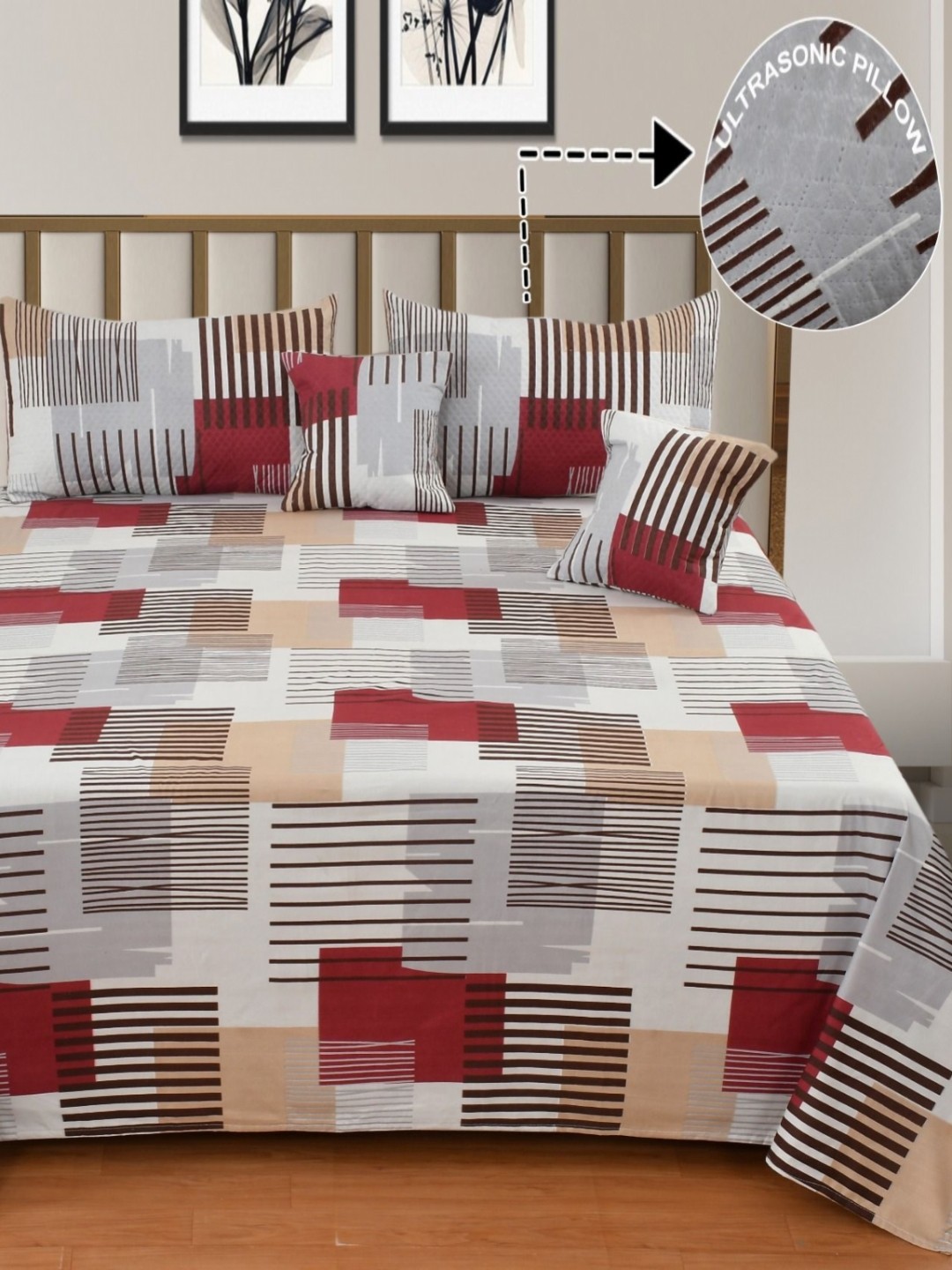 

NCS Red & Grey Striped Printed Cotton 300 TC Queen Bedsheet With 2 Pillow Covers